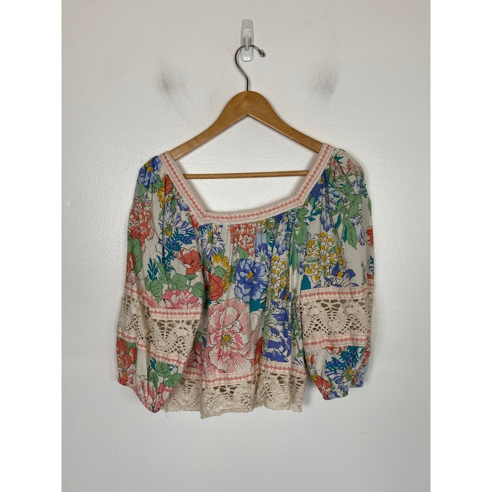 Christian Siriano Linen Blend Floral Top S Lace Trim Boho Babydoll Squared Neck - Picture 3 of 9